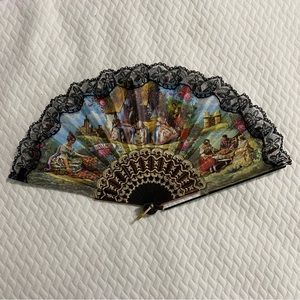 Fabric Handheld Foldable Fan Spain victorian painting style design EUC